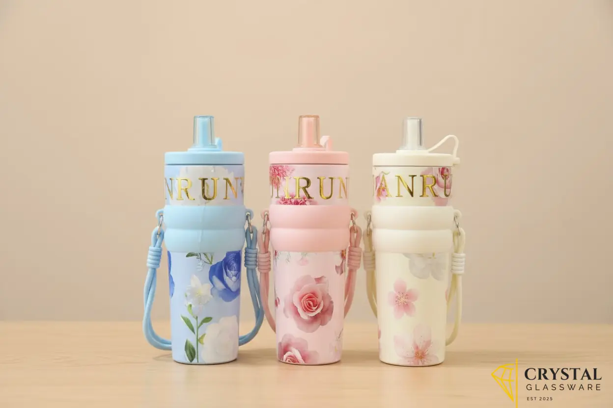 Floral NRUN stainless steel straw tumbler in the center features a silicone grip sleeve and a matching carrying